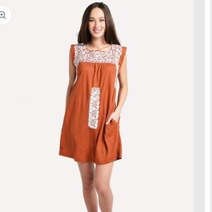 J. Marie Rainey Oaxaca Floral Embroidered Shift Tunic Dress Burnt Orange Size S